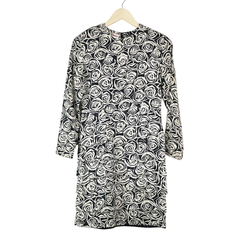 Jack Mulqueen Women's Black Cream Rose Floral Silk Dress Size 4 w Tiered Layers
